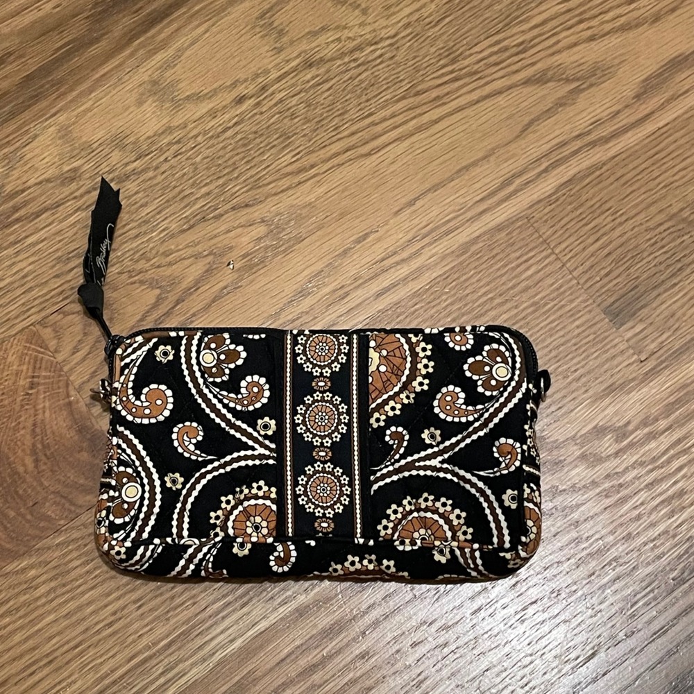 Vera Bradley Zip Wristlet Clutch Black Paisley Brown Floral Pouch Wallet - Picture 2 of 5